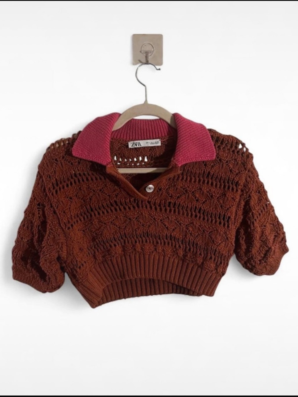Zara Cropped Rust Openwork Knit Sweater with Pink Collar